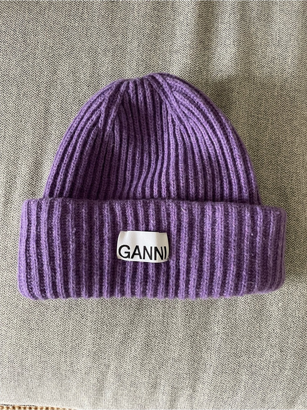 Ganni Lilac Ribbed Knit Cuffed Beanie
